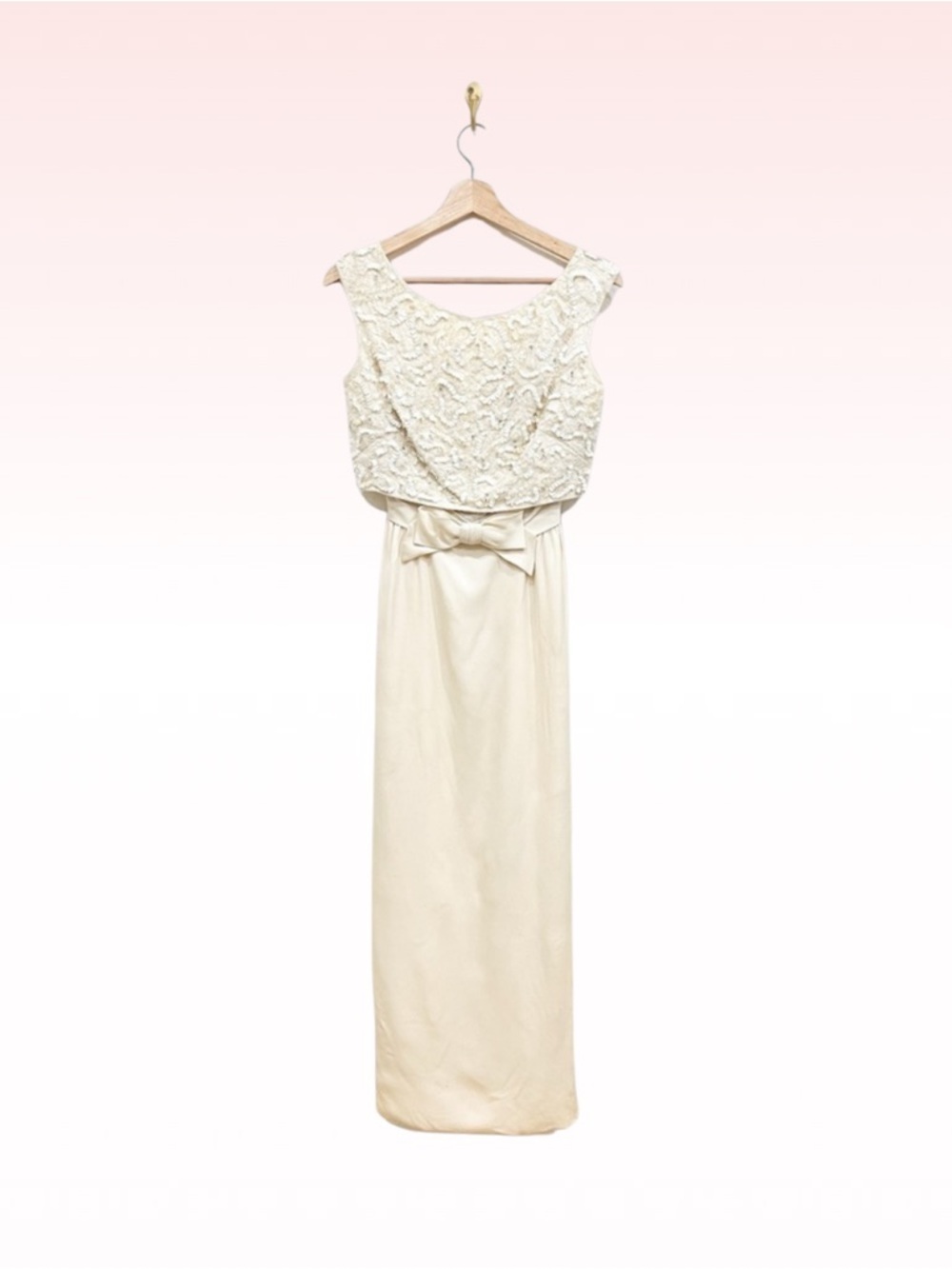 SAKS FIFTH AVENUE Vintage Sequin Crystal Embellished Ivory Bridal Bow Dress